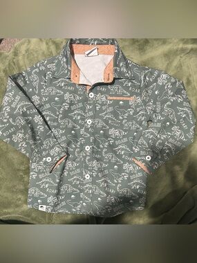George Hats Dino Print Button Up Shirt with Contrast Tan Trim